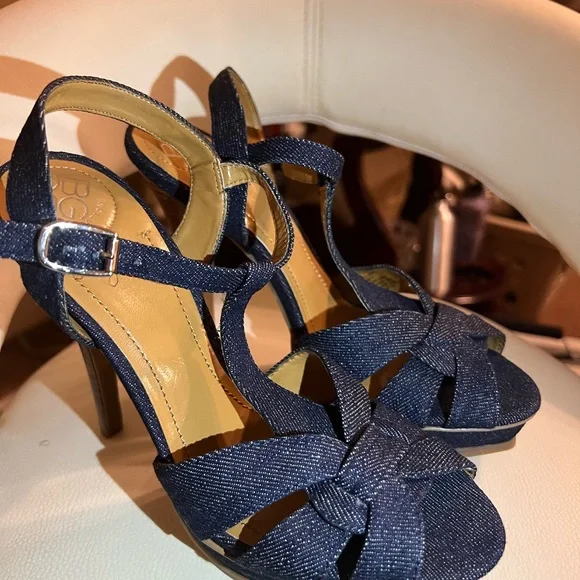 Size 7B BCBG denim plate form stiletto heels - Picture 8 of 10